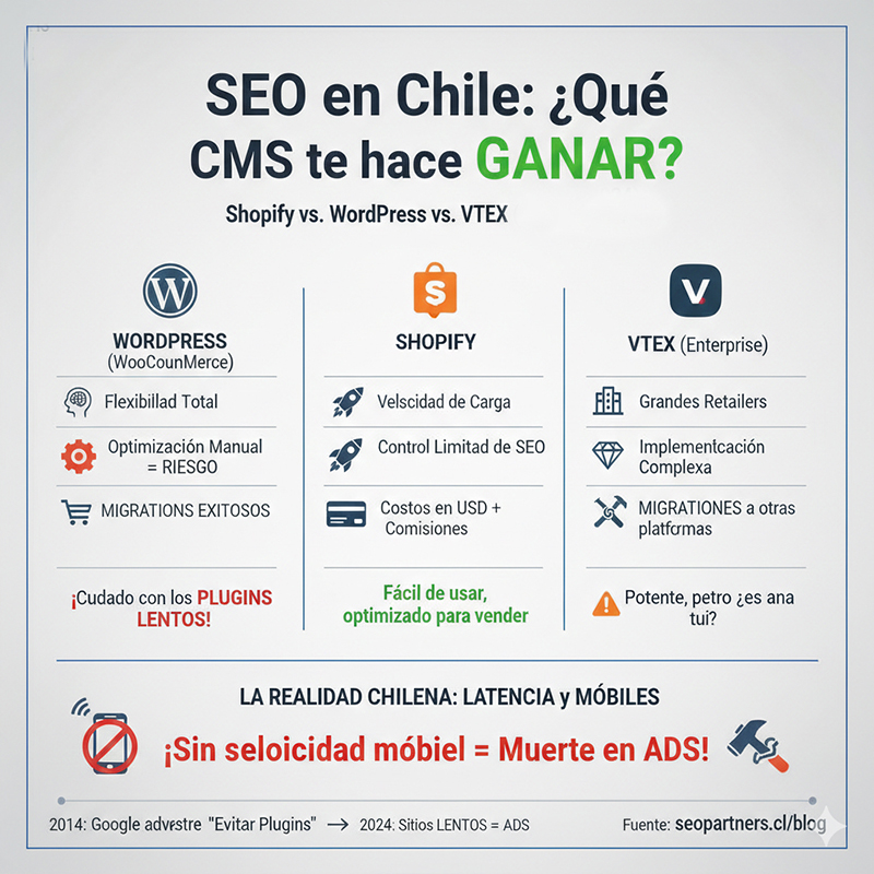 Comparativa SEO Chile Shopify WordPress VTEX